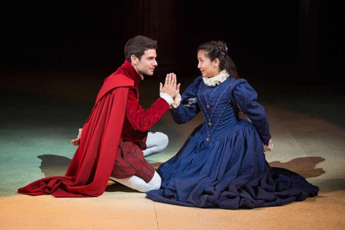 Adam Kantor as Proteus and Kristin Villanueva as Julia in Shakespeare''s The Two Gentlemen of Verona, directed by Mark Lamos, Aug. 10 - Sept. 14, 2014 at The Old Globe. Photo by Jim Cox. at 