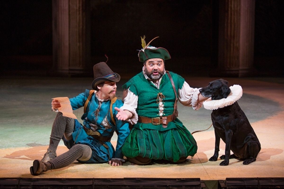 (from left) Rusty Ross as Speed and Richard Ruiz as Launce with Khloe Jezbera as Crab in Shakespeare''s The Two Gentlemen of Verona, directed by Mark Lamos, Aug. 10 - Sept. 14, 2014 at The Old Globe. Photo by Jim Cox. at 