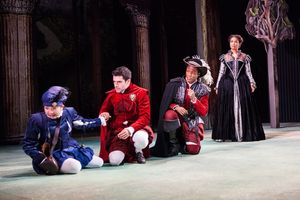 (from left) Kristin Villanueva as Julia, Adam Kantor as Proteus, Hubert Point-Du Jour as Valentine, and Britney Coleman as Silvia in Shakespeare''s The Two Gentlemen of Verona, directed by Mark Lamos, Aug. 10 - Sept. 14, 2014 at The Old Globe. Photo by Ji @ BroadwayWorld (from left) Kristin Villanueva as Julia, Adam Kantor as Proteus, Hubert Point-Du Jour Photo