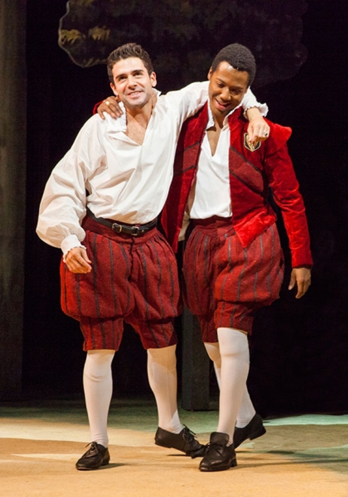 (from left) Adam Kantor as Proteus and Hubert Point-Du Jour as Valentine in Shakespeare''s The Two Gentlemen of Verona, directed by Mark Lamos, Aug. 10 - Sept. 14, 2014 at The Old Globe. Photo by Jim Cox. at 