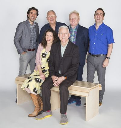 Co-creators Edie Brickell and Steve Martin (seated) and (from left) choreographer Jos Photo