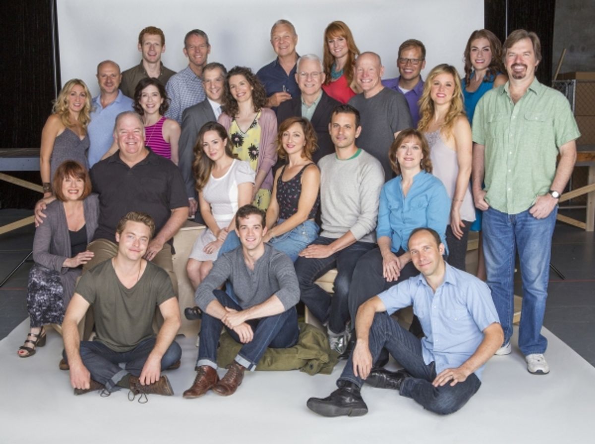 The cast and creators of Bright Star: (standing in back, from left) cast members Sarah Jane Shanks, Greg Roderick, Leah Horowitz, Max Chernin, Stephen Bogardus, Old Globe Artistic Director Barry Edelstein, co-creator Edie Brickell, director Walter Bobbie, at 