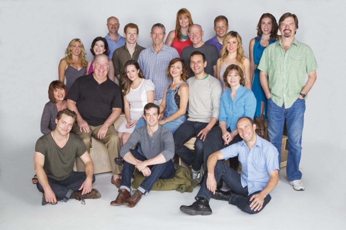 The cast of Bright Star: (back row, from left) Sarah Jane Shanks, Leah Horowitz, Greg Roderick, Max Chernin, Stephen Bogardus, Lulu Lloyd, Stephen Lee Anderson, Jeff Hiller, Libby Winters, Kate Loprest, and Scott Wakefield; (middle row) Allison Briner, Wa at 