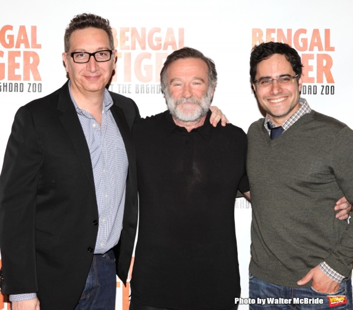 MoisÃ'Â©s Kaufman, Robin Williams and Rajiv Joseph.attend the ''Bengal Tiger at The Baghdad Zoo'' Meet & Greet during Rehearsals at The New 42nd Street Studios in New York City. at 