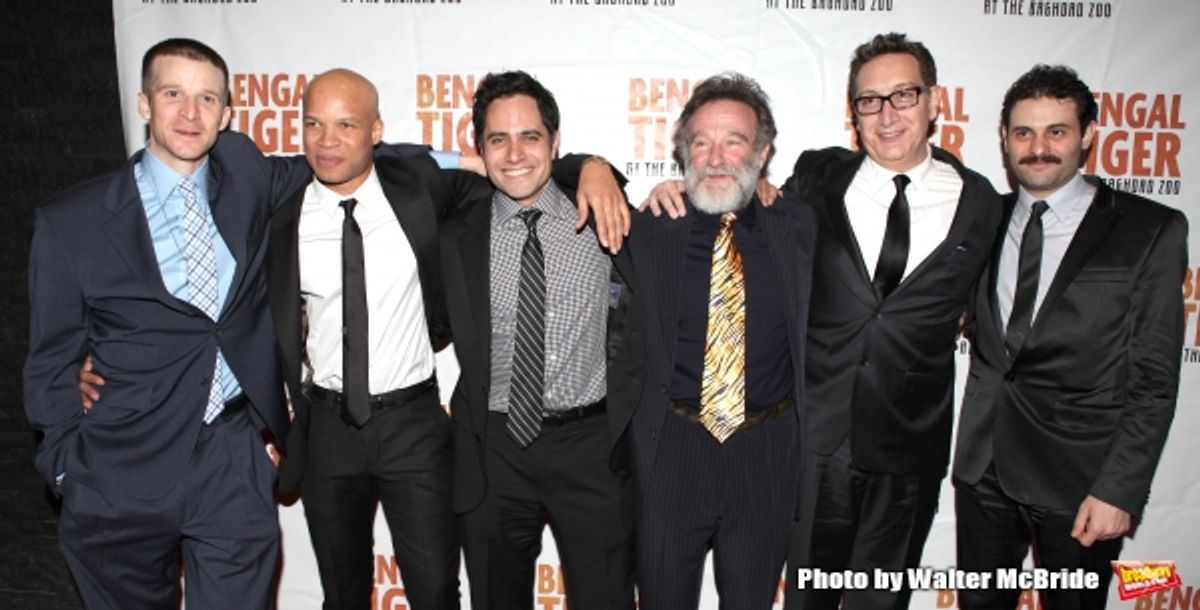 Brad Fleischer, Glenn Davis, Rajiv Joseph, Robin Williams, Moises Kaufman & Arian Moayed.attending the Broadway Opening Night After Party for ''Bengal Tiger at the Baghdad Zoo'' at espace in New York City at 
