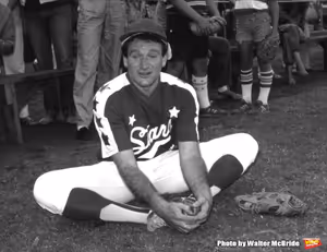 Robin Williams at Dadgers Stadium on September 10, 1990 in Los Angeles, California. Photo
