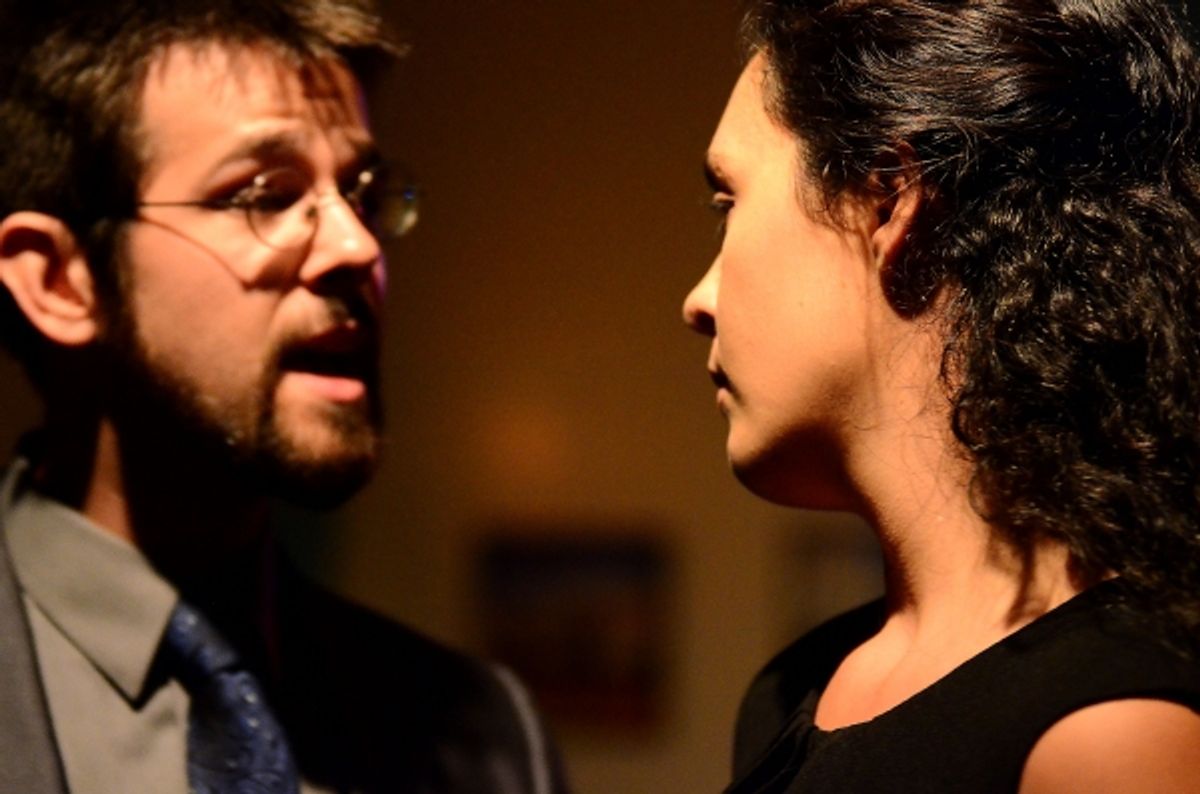 Dillon Medina as Brutus and Sarah Leach as Portia at 