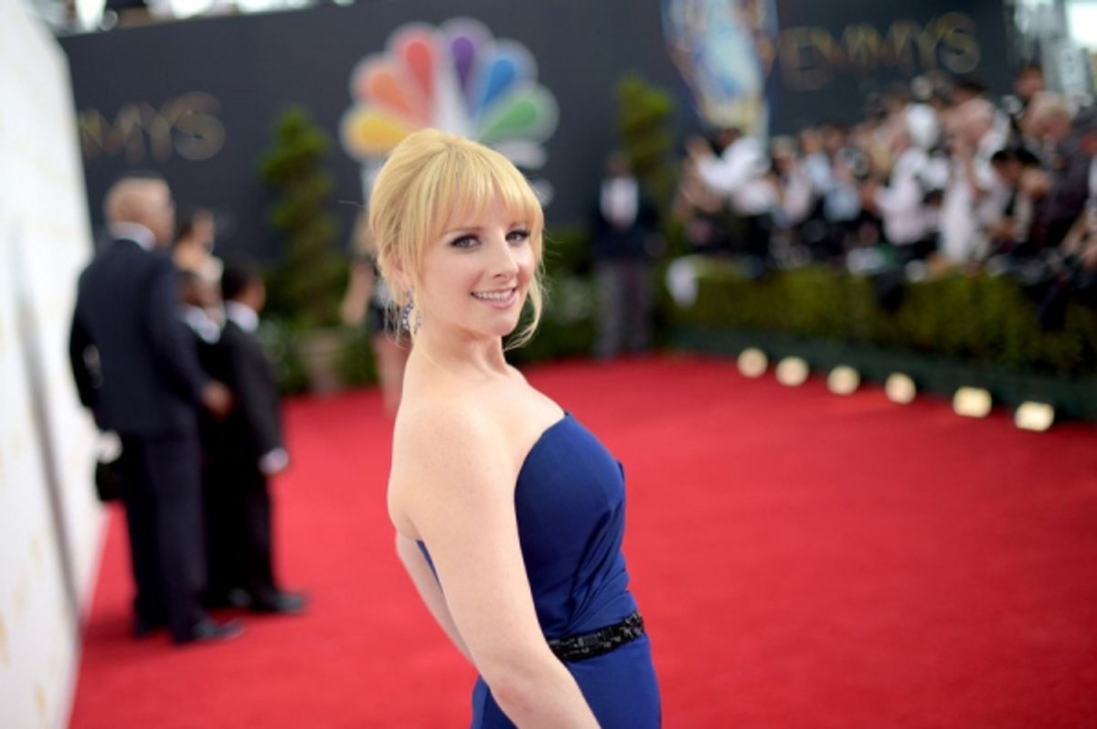 66th ANNUAL PRIMETIME EMMY AWARDS -- Pictured: TV personality Melissa Rauch arrives to the 66th Annual Primetime Emmy Awards held at the Nokia Theater on August 25, 2014--  (Photo by: Jason Kempin/NBC) at 