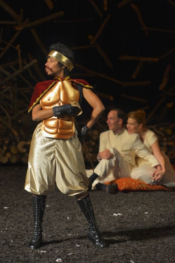 Margo Hall as Bottom (playing Pyramus), Nicholas Pelczar as Demetrius, and Lauren Eng Photo