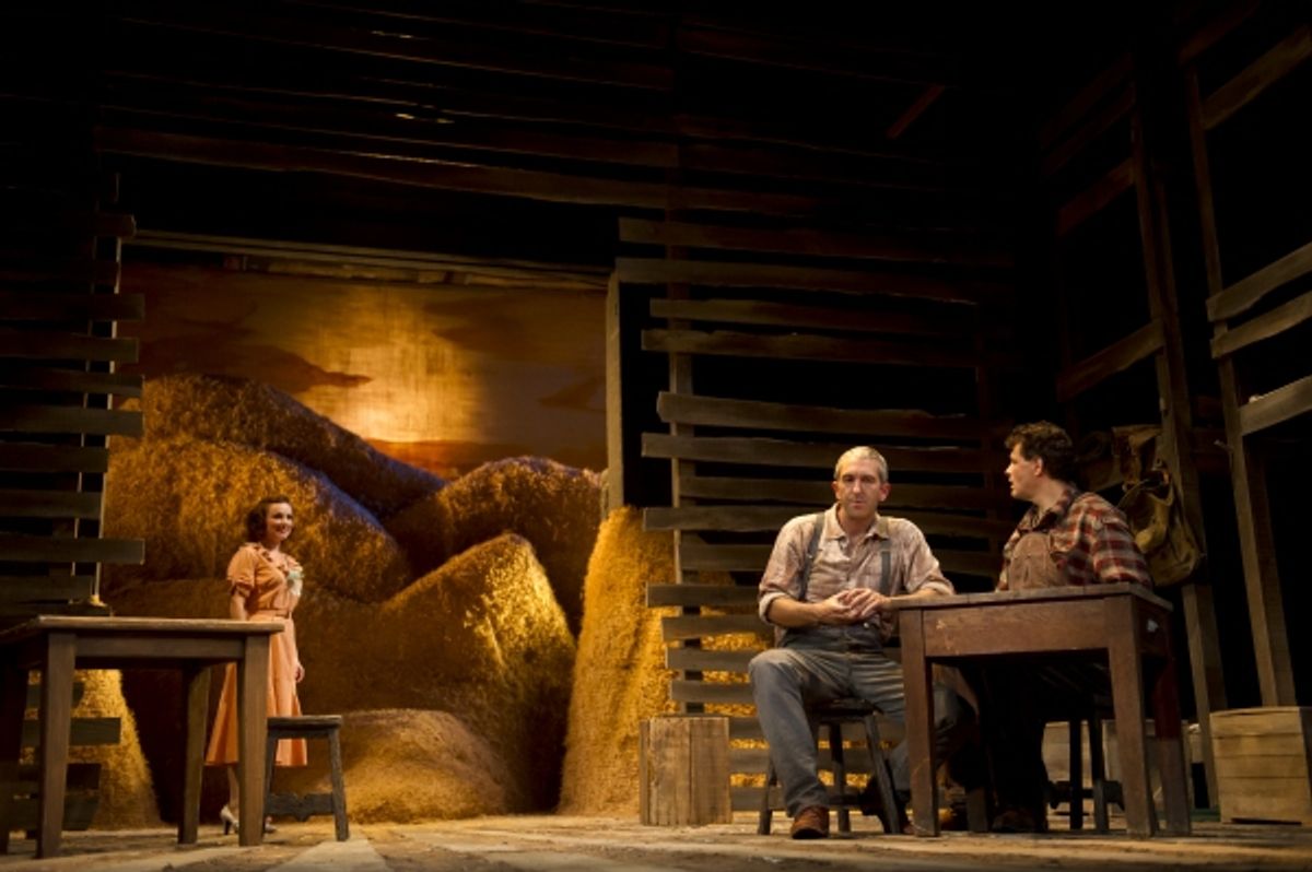 Erin Krom as CurleyÃ¢â‚¬â„¢s wife, Jarrod DiGiorgi as George, and Leandro Cano as Lennie at 