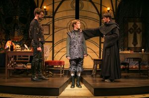 Professors John Faustus (Anthony Marble, left) and Martin Luther (Mark H. Dold, right) advise the wavering Hamlet (Jordan Coughtry, center). @ BroadwayWorld Professors John Faustus (Anthony Marble, left) and Martin Luther (Mark H. Dold, right Photo