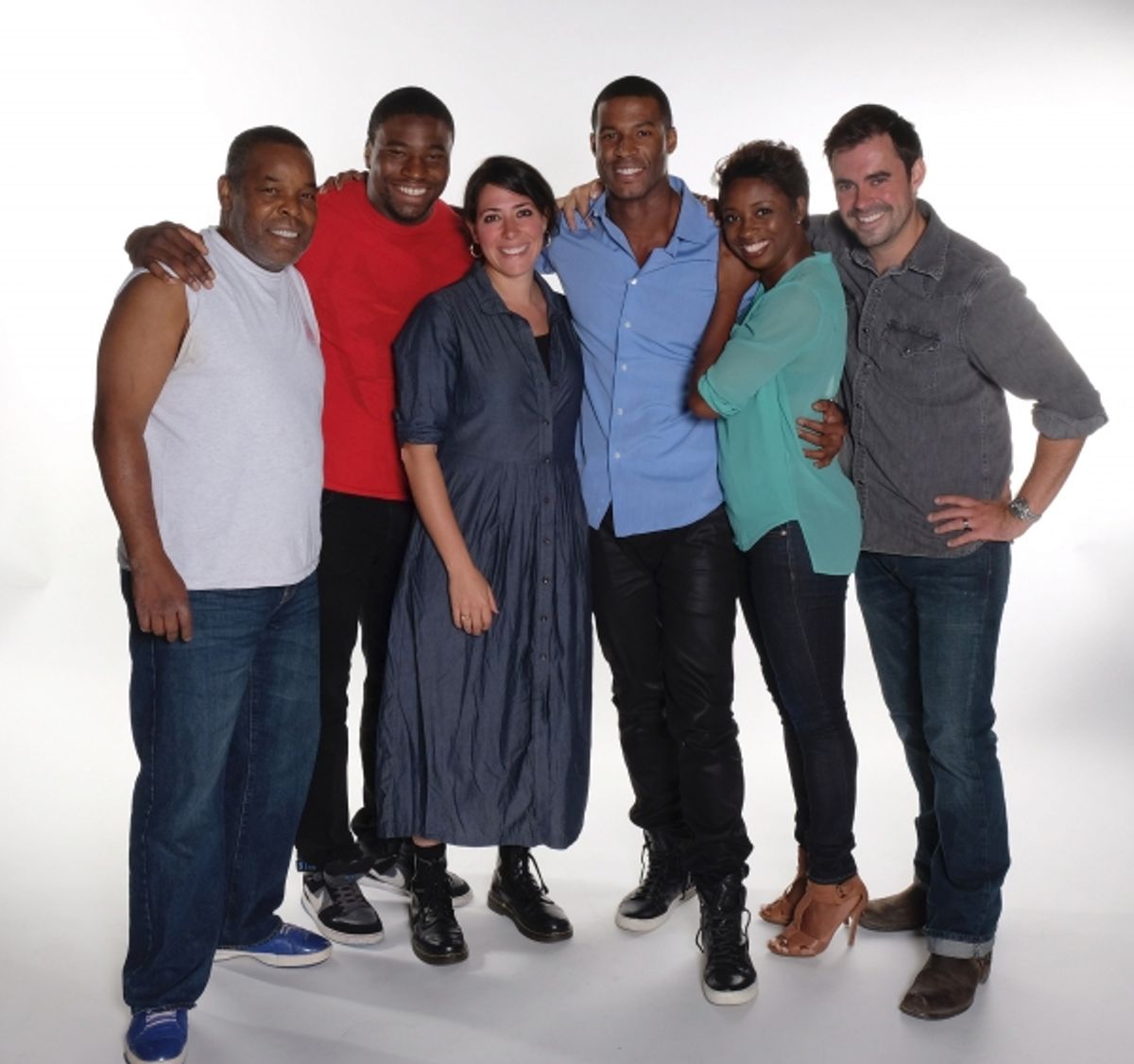 Director Rachel Chavkin (center) with the cast of The Royale: Ray Anthony Thomas, Okieriete Onaodowan, Robert Christopher Riley, Montego Glover, and John Lavelle at 