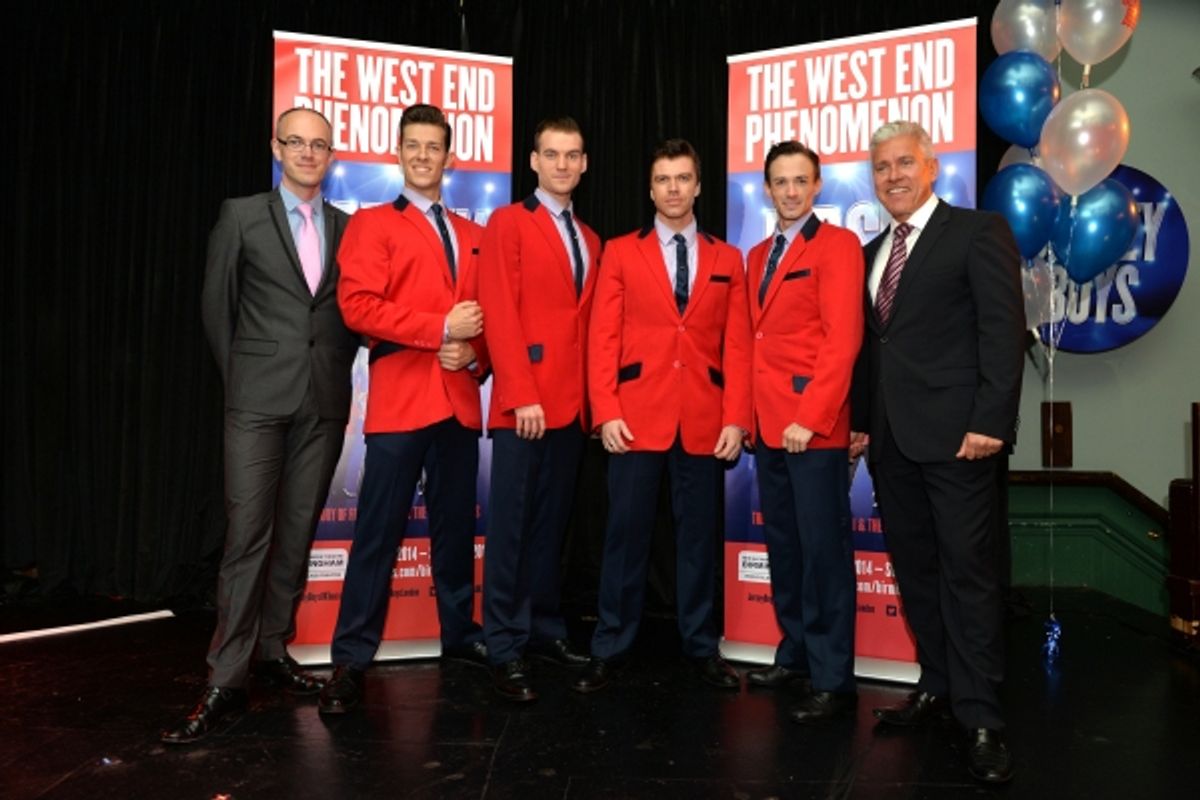 Andrew Lister (General Manager at the New Alexandra Theatre), Lewis Griffiths (cast member), Sam Ferriday (cast member), Stephen Webb (cast member), Tim Driesen (cast member) and David Ian (producer)  at 