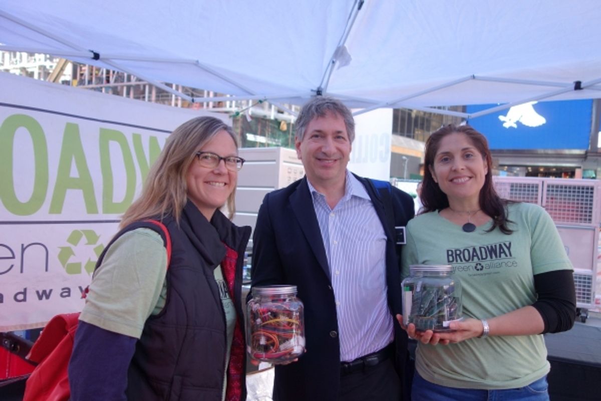 Charles Duell, Co-chair of the Broadway Green Alliance with Rebekah Sale, Coordinator of the BGA and Kathy Mavrikakis, Green Captain at THE LATE SHOW WITH DAVID LETTERMAN. at 