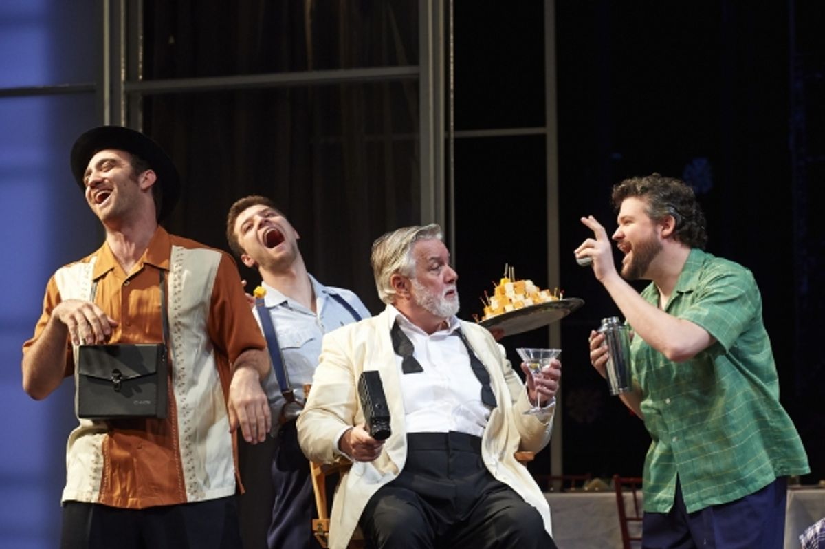 Actor Aled Davies (center, as Falstaff) takes center stage as his motley Ã¢â‚¬Ë"Ã…â€"entourage,Ã¢â‚¬â„¢ comprised of Alex Syiek (left, as Pistol), Brandyn Day (behind, as Nym) and Stephen Mitchell Brown (right, as Bardolph), shares a laugh at 