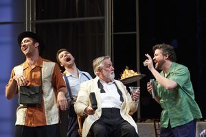 Actor Aled Davies (center, as Falstaff) takes center stage as his motley â€Ë"Ã…â€"entourage,’ comprised of Alex Syiek (left, as Pistol), Brandyn Day (behind, as Nym) and Stephen Mitchell Brown (right, as Bardolph), shares a laugh @ BroadwayWorld Actor Aled Davies (center, as Falstaff) takes center stage as his motley ‿ Photo