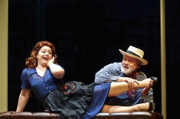 Actor Aled Davies (as Falstaff) attempts to woo Laura Welsh Berg (as Mrs. Alice Ford) Photo