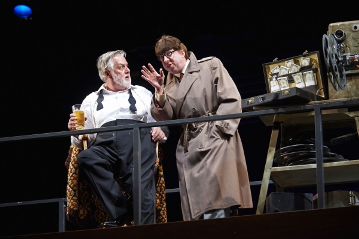 Actor Lynn Robert Berg (right, as Mr. Frank Ford in disguise) describes his plan to Aled Davies (left, as Falstaff)  at 