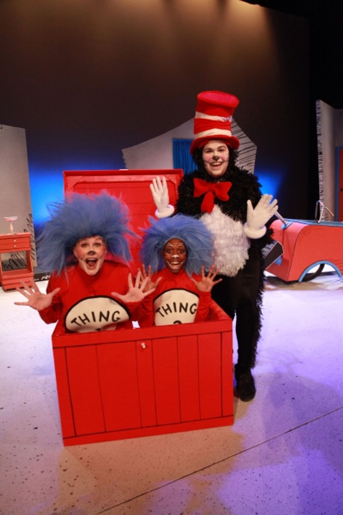 Sue Gillespie Booton as Thing 1, Aaron Ellis as Thing 2 and Noah Diaz as The Cat in the Hat at 