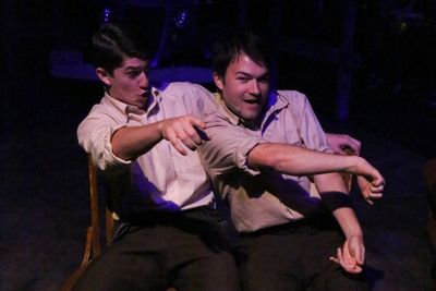 Matt Pentecost and Brendan Ochs as Clyde and Buck Barrow, singing ''When I Drive'' Photo