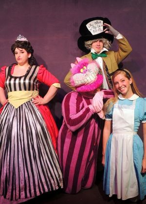 Tori Weaver as the Queen of Hearts, Jordan B. Stocksdale as the Cheshire Cat, Matt Rothenberg as the Mad Hatter, and Mary Ellen Cameron as Alice @ BroadwayWorld Tori Weaver as the Queen of Hearts, Jordan B. Stocksdale as the Cheshire Cat, Matt Ro Photo