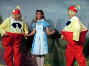 Bill Kiska as Tweedle Dum, Mary Ellen Cameron as Alice, and Matt Rothenberg as Tweedl Photo