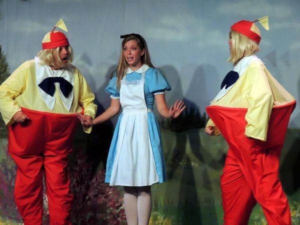 Bill Kiska as Tweedle Dum, Mary Ellen Cameron as Alice, and Matt Rothenberg as Tweedl Photo