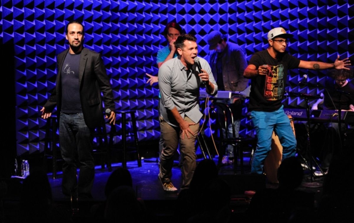Lin-Manuel Miranda, left, Chris Sullivan, Anthony Veneziale and Utkarsh Ambudkar perform at Pivot''s Freestyle Love Supreme premiere event at Joe''s Pub, on Monday, Oct. 13, 2014 in New York. (Photo by Evan Agostini/Invision for Pivot/AP Images) at 