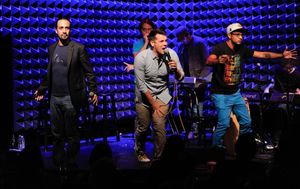 Lin-Manuel Miranda, left, Chris Sullivan, Anthony Veneziale and Utkarsh Ambudkar perform at Pivot''s Freestyle Love Supreme premiere event at Joe''s Pub, on Monday, Oct. 13, 2014 in New York. (Photo by Evan Agostini/Invision for Pivot/AP Images) @ BroadwayWorld Lin-Manuel Miranda, left, Chris Sullivan, Anthony Veneziale and Utkarsh Ambudkar perf Photo