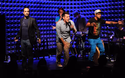 Lin-Manuel Miranda, left, Chris Sullivan, Anthony Veneziale and Utkarsh Ambudkar perf Photo