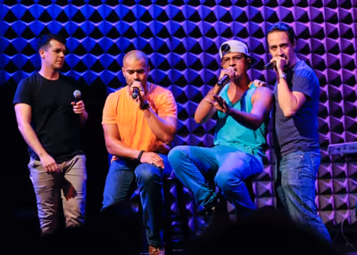 Anthony Veneziale, left, Christopher Jackson, Utkarsh Ambudkar and Lin-Manuel Miranda Photo