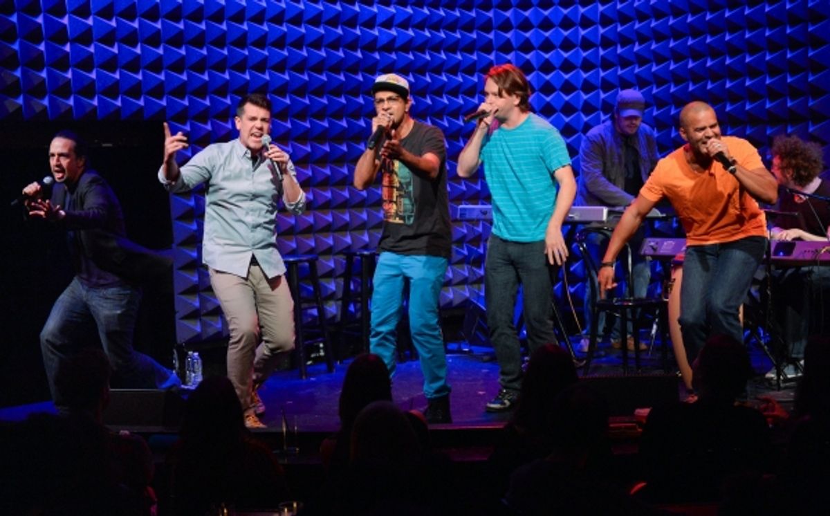Lin-Manuel Miranda, left, Anthony Veneziale, Utkarsh Ambudkar, Chris Sullivan and Christopher Jackson perform at Pivot''s Freestyle Love Supreme premiere event at Joe''s Pub, on Monday, Oct. 13, 2014 in New York. (Photo by Evan Agostini/Invision for Pivot at 