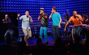 Lin-Manuel Miranda, left, Anthony Veneziale, Utkarsh Ambudkar, Chris Sullivan and Christopher Jackson perform at Pivot''s Freestyle Love Supreme premiere event at Joe''s Pub, on Monday, Oct. 13, 2014 in New York. (Photo by Evan Agostini/Invision for Pivot @ BroadwayWorld Lin-Manuel Miranda, left, Anthony Veneziale, Utkarsh Ambudkar, Chris Sullivan and Chr Photo