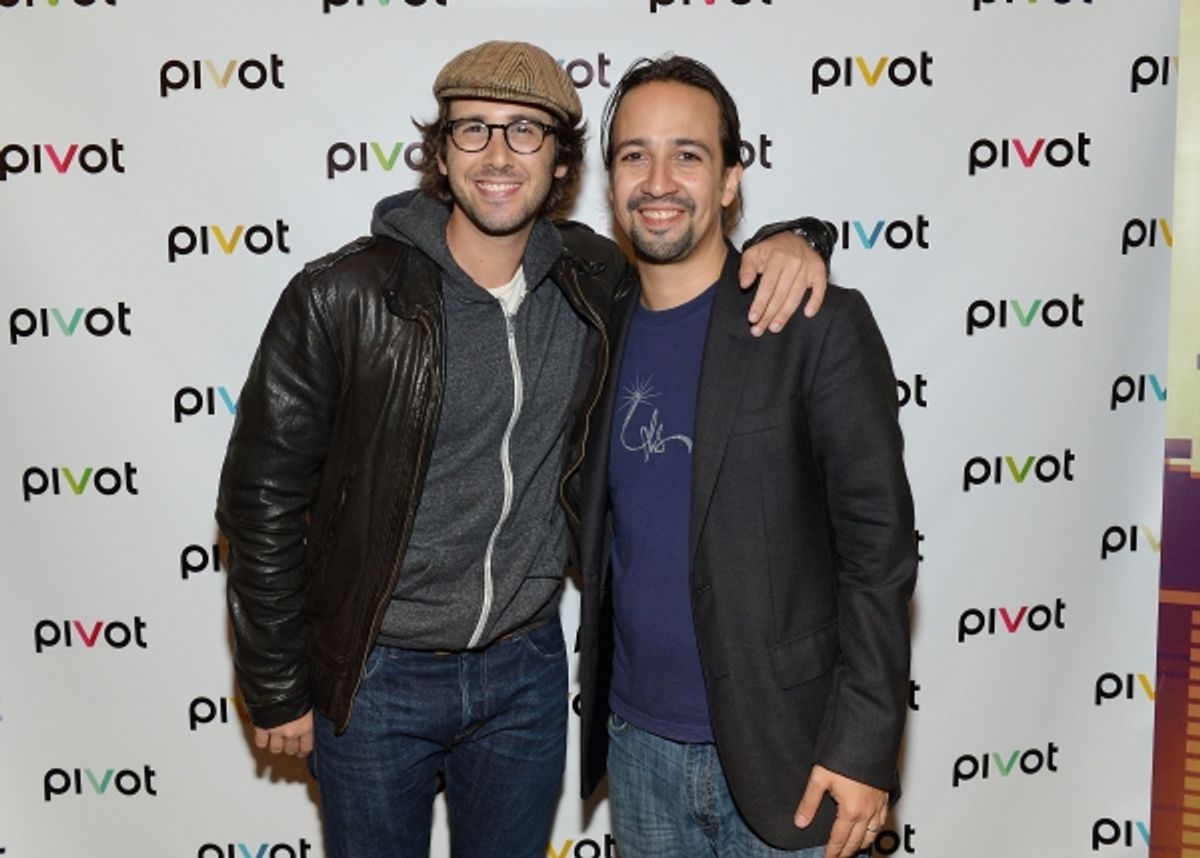 Singer Josh Groban, left, and performer Lin-Manuel Miranda attend Pivot''s Freestyle Love Supreme premiere event at Joe''s Pub, on Monday, Oct. 13, 2014 in New York. (Photo by Evan Agostini/Invision for Pivot/AP Images) at 