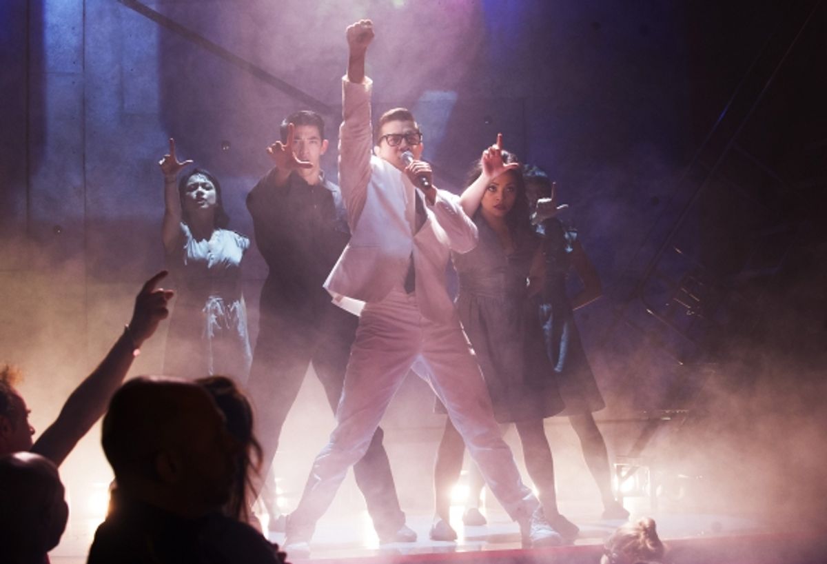 A scene from Here Lies Love by David Byrne and Fatboy Slim @ Dorfman Theatre. Directed by Alex Timbers.(Opening 13-10-14)Ã'â€šÃ‚Â©Tristram Kenton 09/14(3 Raveley Street, LONDON NW5 2HX TEL 0207 267 5550  Mob 07973 617 355)email: tristram@tristramkenton.co at 