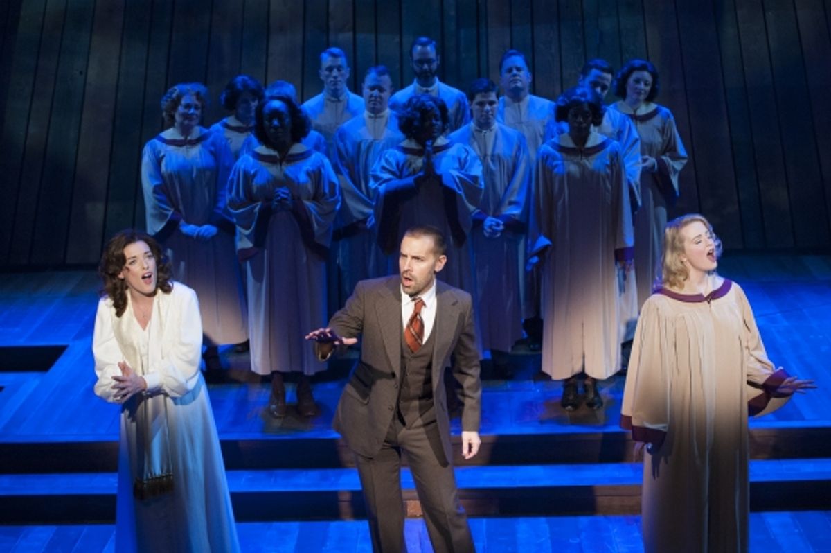 Mary Kate Morrissey (Sharon Falconer), Charlie Pollock (Elmer Gantry), Jessica Lauren Ball (Paula), and the cast of ELMER GANTRY at 