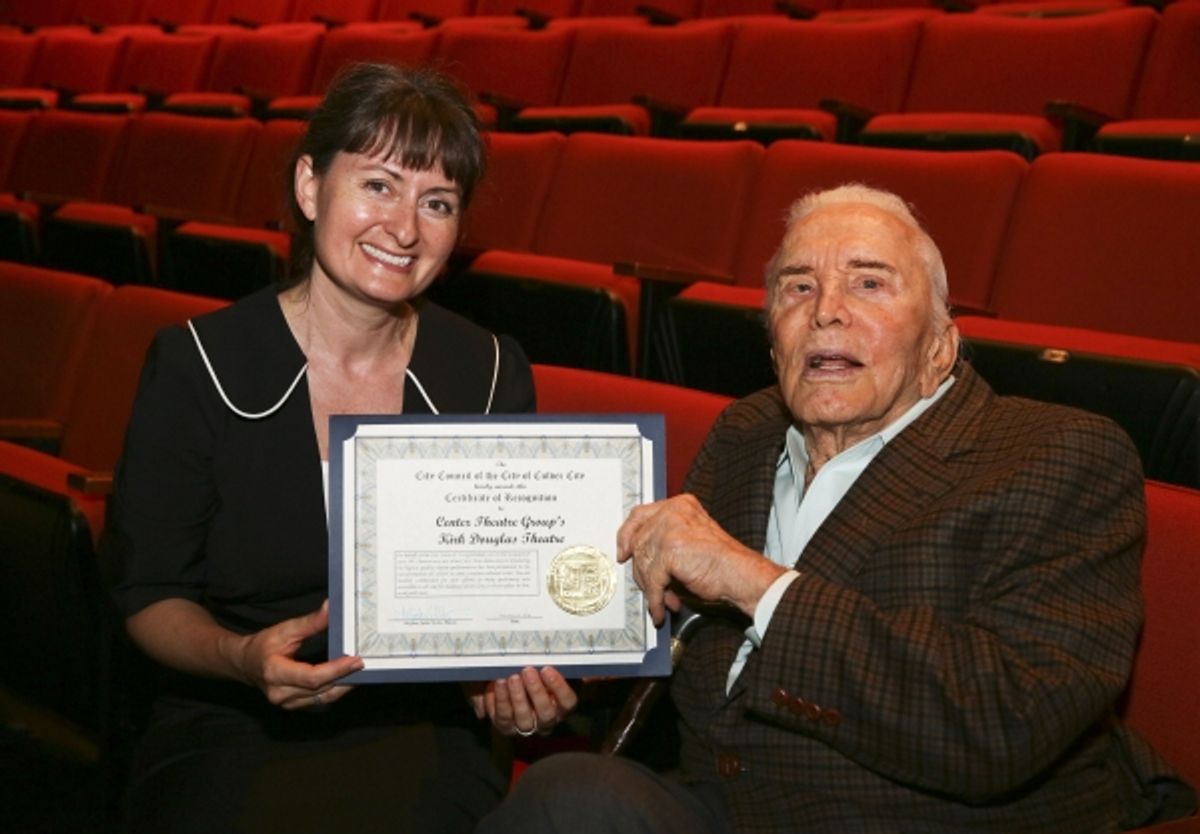 Culver City Mayor Meghan Sahli-Wells presents a proclamation to Kirk Douglas at 