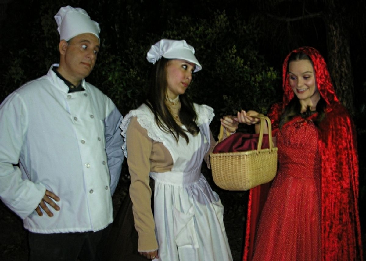  The Baker (Terry Delegeane) and his Wife (Amy Coles) give a basket of sweets to Little Red Ridinghood (Carly Linehan) to take to her Granny. Ã¢â‚¬â€ with Terry Delegeane, Amy Coles and Carly Linehan. at 