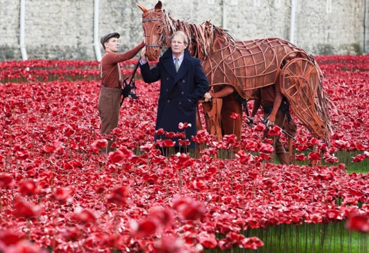 Joey, star of WAR HORSE, and author Michael Morpourgo at the Tower of London at 