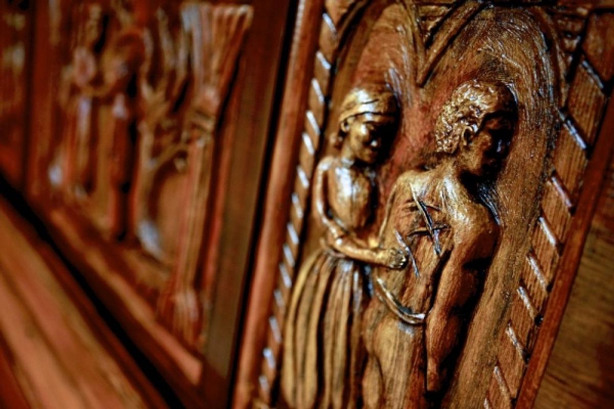 Piano carving made of Styrofoam and painted to look like wood, created by the Props Department at Syracuse Stage at 