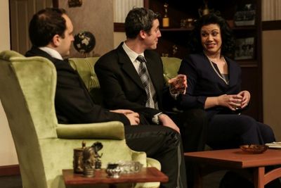 Brent Griffith as Tony Wendice, Jacob Tice as Max Halliday, Deya Ozburn as Margot Wen Photo