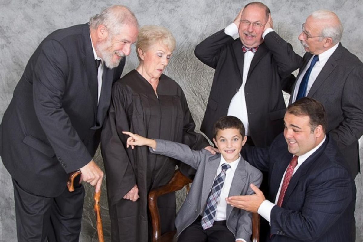''I believe!'' says Thomas Mara Jr. (Dylan Katz, seated).  Also pictured, clockwise from left, are Sheldon Bruce Zeff as Kris Kringle, Eve Connolly as Judge Group, Chuck Denk as Thomas Mara, Jeffrey Millstein as Mr. Sawyer, and Roman Sohor as Fred Gailey at 