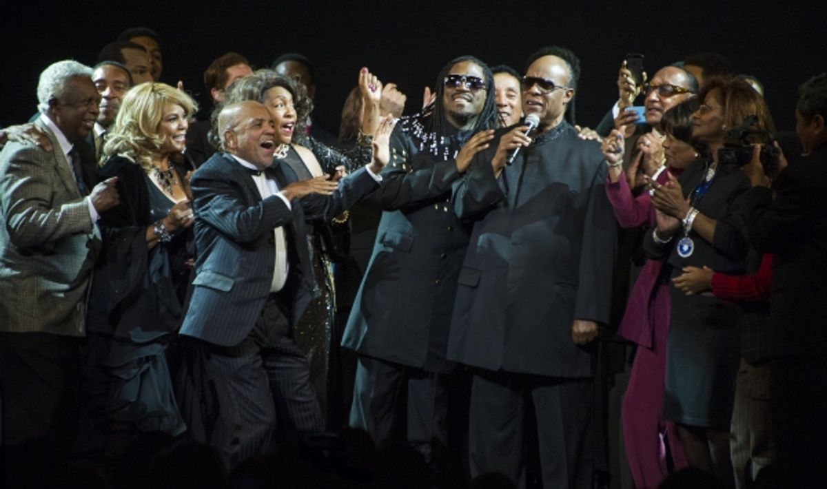 Berry Gordy, Elijah Ahmad Lewis, Stevie Wonder & Cast at 