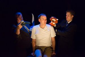 Tyler Bunch (Booby puppeteer), Erik Lochtefeld (Raymond Scott), and Eric Wright (Otter puppeteer) @ BroadwayWorld Tyler Bunch (Booby puppeteer), Erik Lochtefeld (Raymond Scott), and Eric Wright (Otte Photo