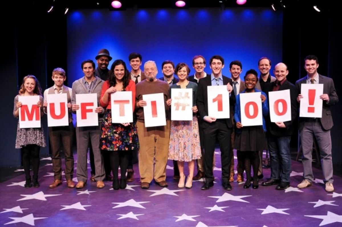 Stephen Sondheim (center) celebrates with the cast at 