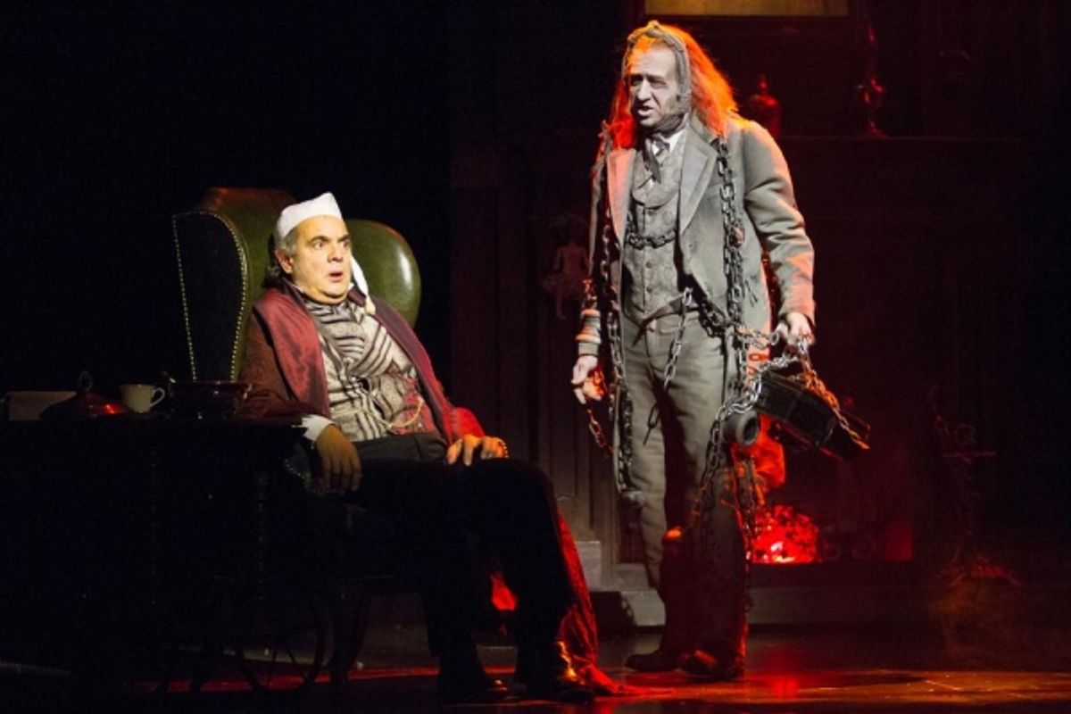 Edward Gero as Ebenezer Scrooge and James Konicek as the Ghost of Jacob Marley at 