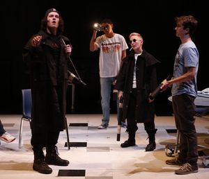 James Scully as Dylan Klebold and Em Grosland as Eric Harris with Reynaldo Piniella @ BroadwayWorld James Scully as Dylan Klebold and Em Grosland as Eric Harris with Reynaldo Piniella Photo