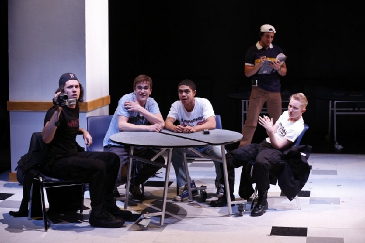 James Scully as Dylan Klebold, Matthew Bretschneider,  Reynaldo Piniella, and Em Grosland as Eric Harris, Jonathan Iglesias (standing) at 