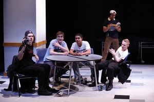 James Scully as Dylan Klebold, Matthew Bretschneider, Reynaldo Piniella, and Em Grosland as Eric Harris, Jonathan Iglesias (standing) @ BroadwayWorld James Scully as Dylan Klebold, Matthew Bretschneider, Reynaldo Piniella, and Em Gros Photo