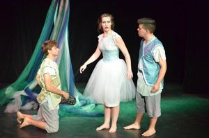David Mavricos as Demetrius, Amber G. Gibson as Helena, and Ben Lauer as Lysander Photo
